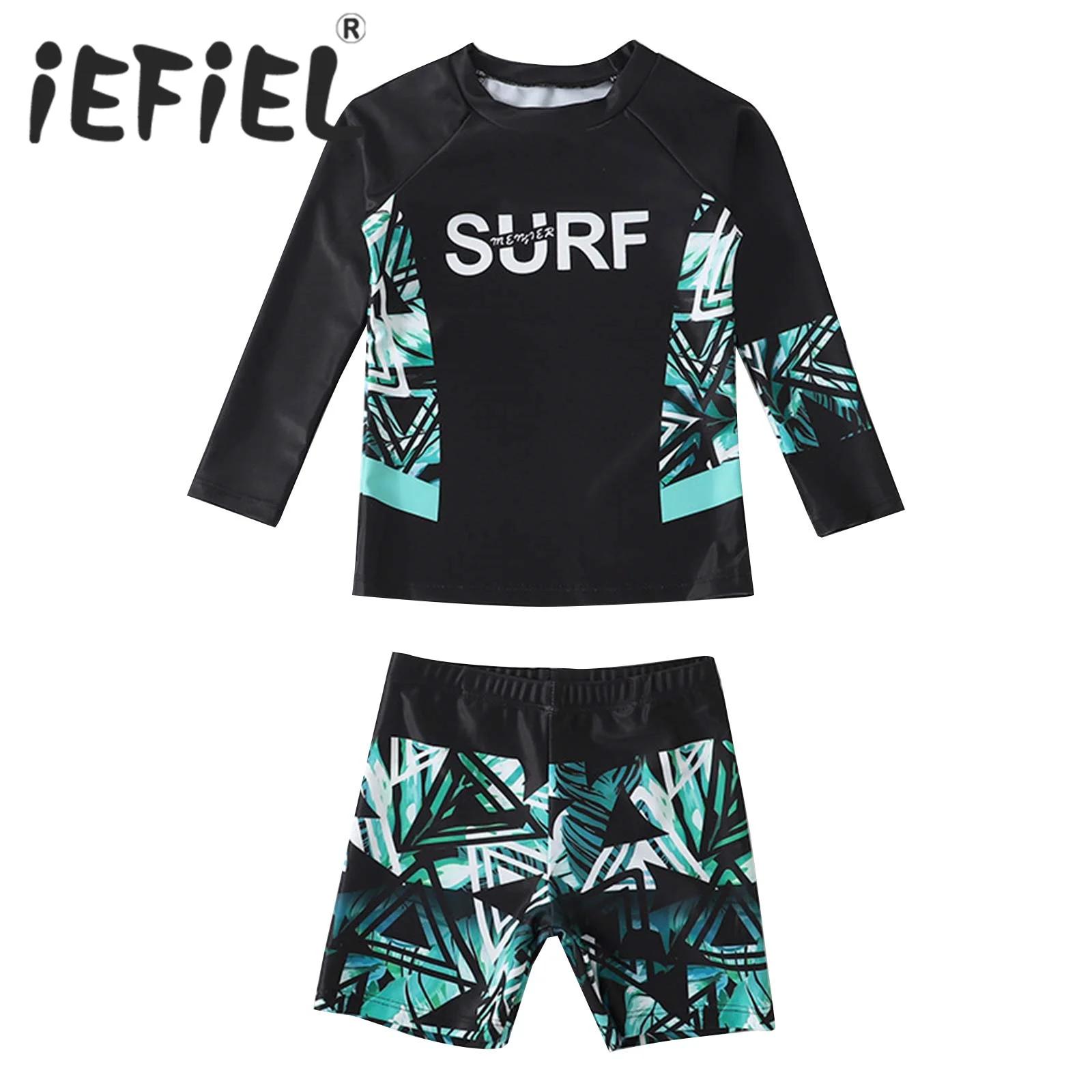 Kids Boys Swimsuit Beachwear Outfit Long Sleeve Geometric Print TopShorts Swimwear Set Swimming Bathing Suits Rashgu